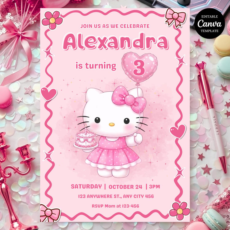 Editable Hello Kitty birthday invitation template for girls pink party Canva digital download