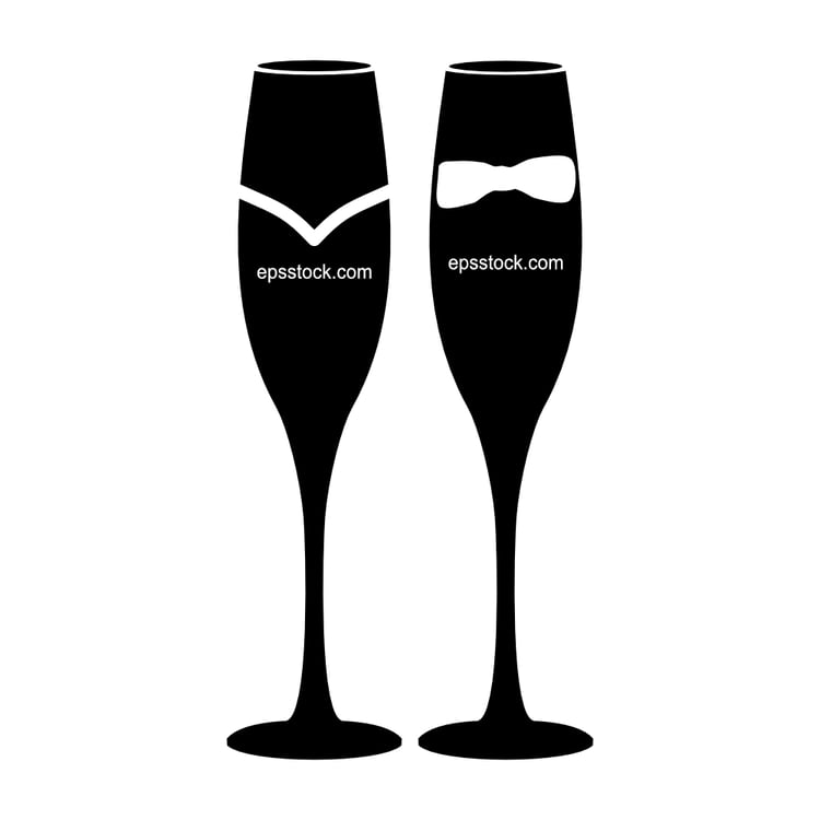 Wedding champagne glasses, black isolated vector silhouette