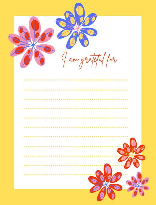 Gratitude journal page with handwritten text "I am grateful for" at the top and blank lines underneath. Warm yellow background with subtle colorful accents. Simple, spacious, easy to write on.