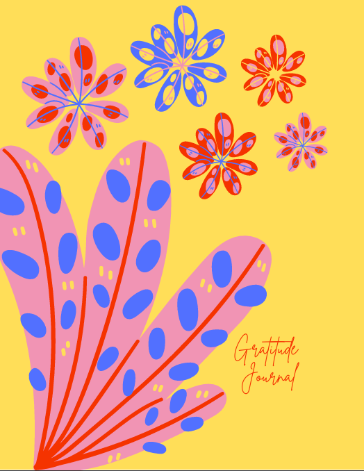 Colorful journal cover with hand-drawn lettering that says "Gratitude Journal" in playful script on yellow, pink, blue, and red abstract background. Bright, cheerful, sketchbook style.