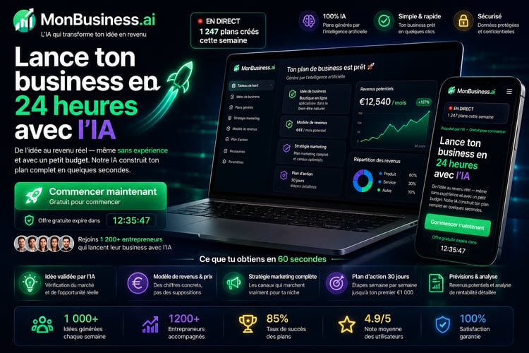 Landing page futuriste de MonBusiness.ai montrant une plateforme d’intelligence artificielle qui aide à créer un business rentable en 24 heures, avec tableau de bord IA, statistiques de revenus, stratégie marketing, smartphone affichant le site et interfa