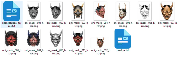 Traditional Japanese Oni mask flash sheet showcasing 12 standalone irezumi-inspired demon mask designs with varied expressions, horns, and ornamental details.