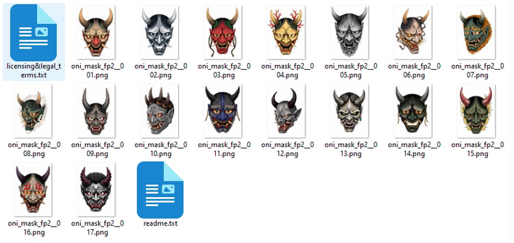 Collection of 17 Oni mask tattoo flash designs featuring traditional Japanese irezumi artwork, detailed demon mask motifs, and tattoo reference illustrations.