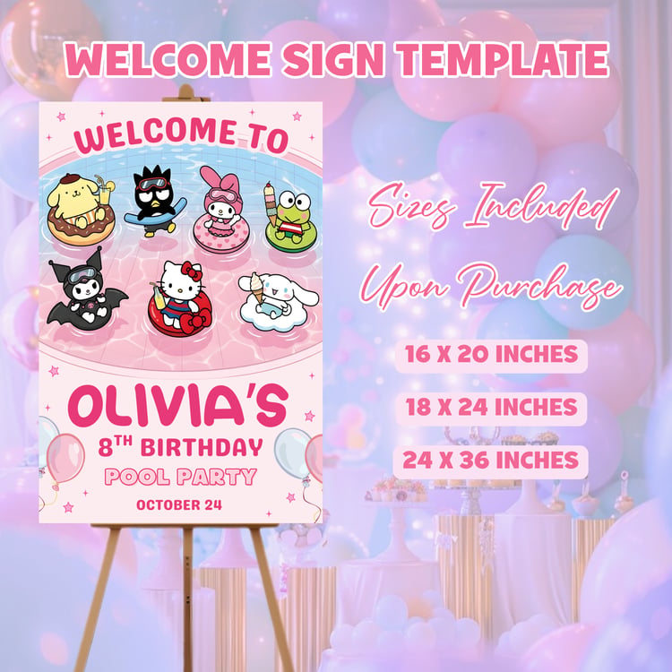 Editable Hello Kitty and Friends pool party welcome sign template with pink summer birthday theme and cute cartoon characters