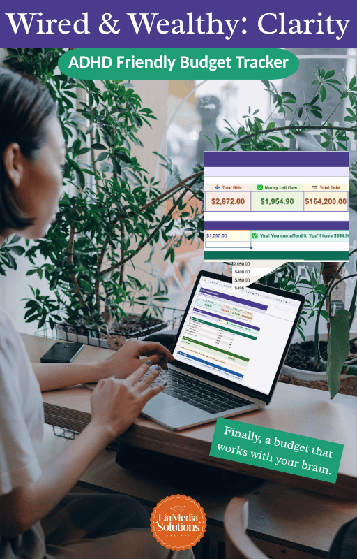 Purple and teal ADHD friendly budget planner thumbnail showing the Wired and Wealthy Clarity dashboard with real financial figures including total bills, money left over, and a Can I Afford This calculator result, displayed on a laptop screen beside a wom