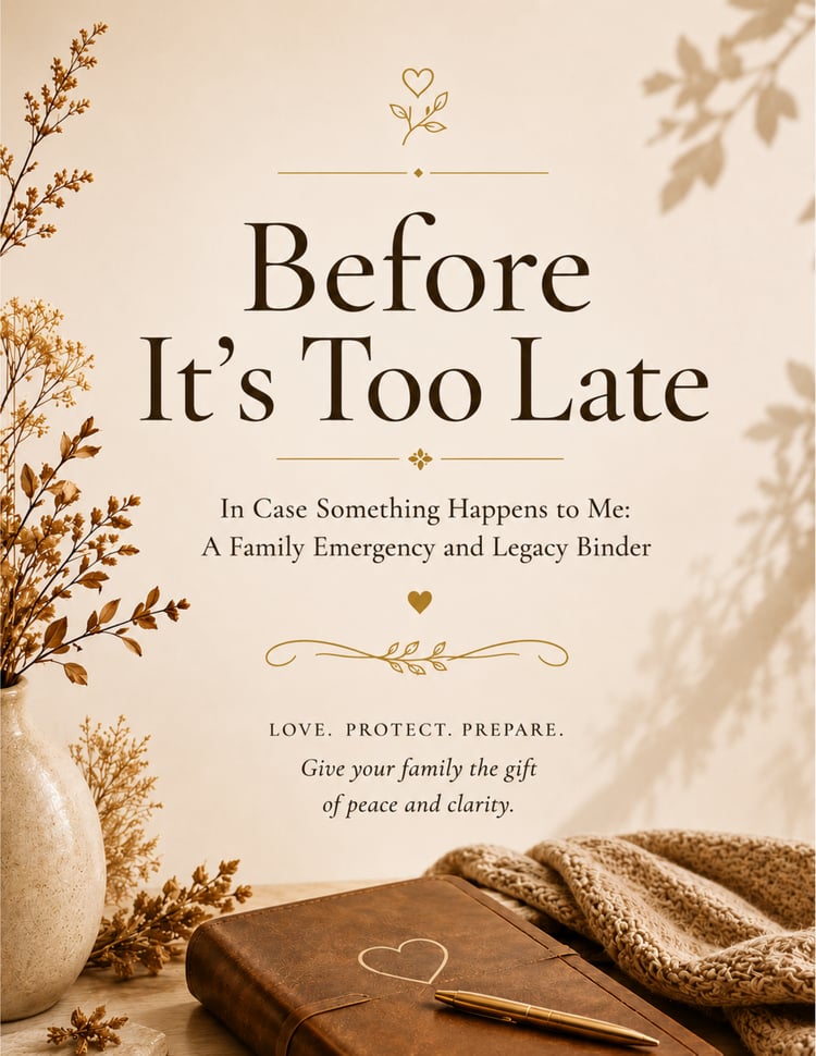 Elegant ‘Before It’s Too Late’ family emergency and legacy binder cover with warm neutral tones, leather journal, and message about protecting loved ones and preparing important life information.