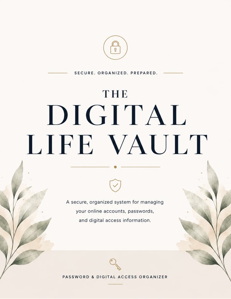 The Digital Life Vault password and digital access organizer cover with minimalist design, secure system for managing online accounts, passwords, and sensitive digital information.