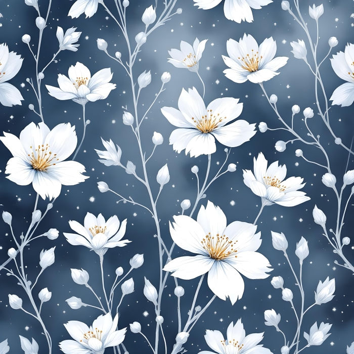 White flowers, Leaves, Buds, Watercolor, Pattern, Background, Wallpaper - Ai Generated