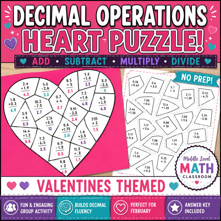 Valentine’s Day Decimal Operations Heart Puzzle | Math Activity & Classroom Decor