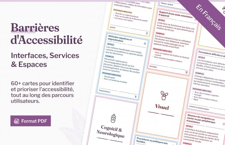 Barrières dAccessibilité. Interfaces, Services & Espaces. 60+ cartes pour identifier et prioriser laccessibilité, tout au long des parcours utilisateurs.
