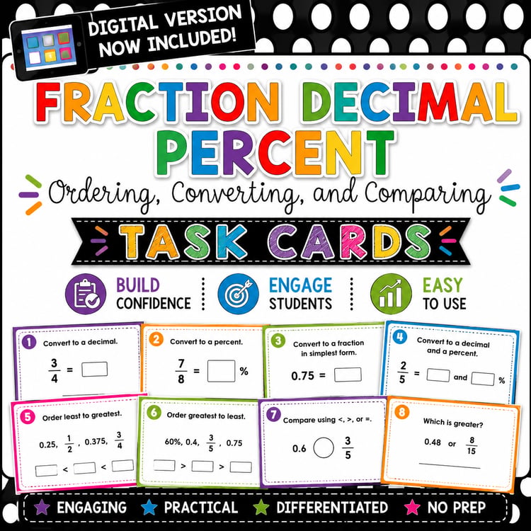 Fraction, Decimal & Percent Task Cards | Ordering, Comparing & Converting Practice