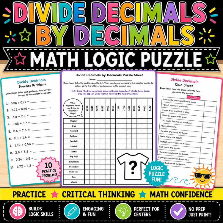 Dividing Decimals by Decimals Activity with Long Division Worksheets Math Puzzle