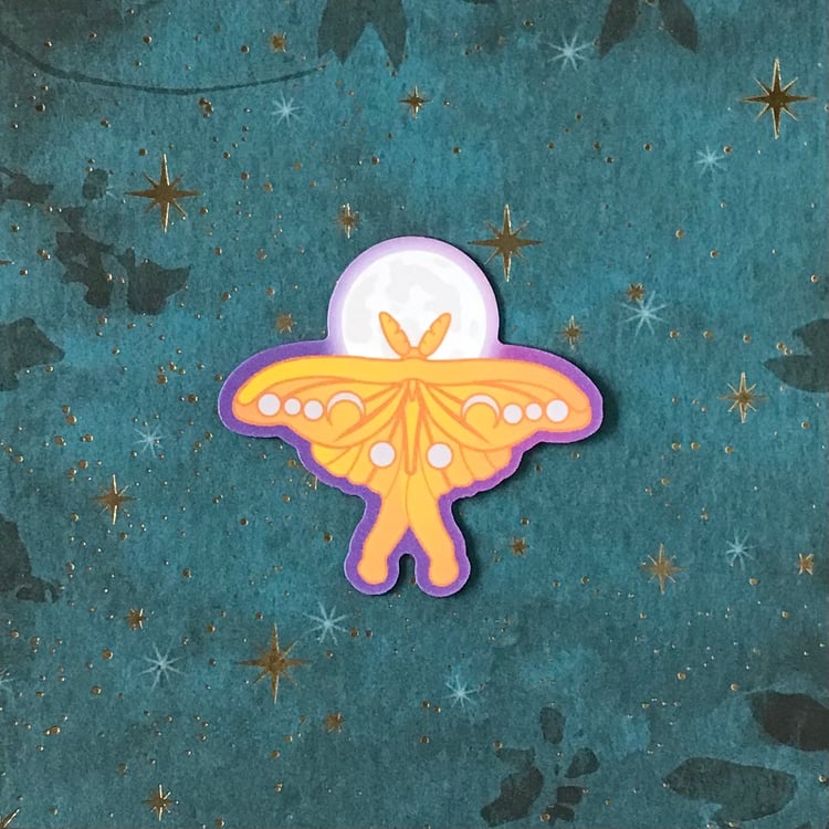 A fridge magnet with a moon and luna moth design.