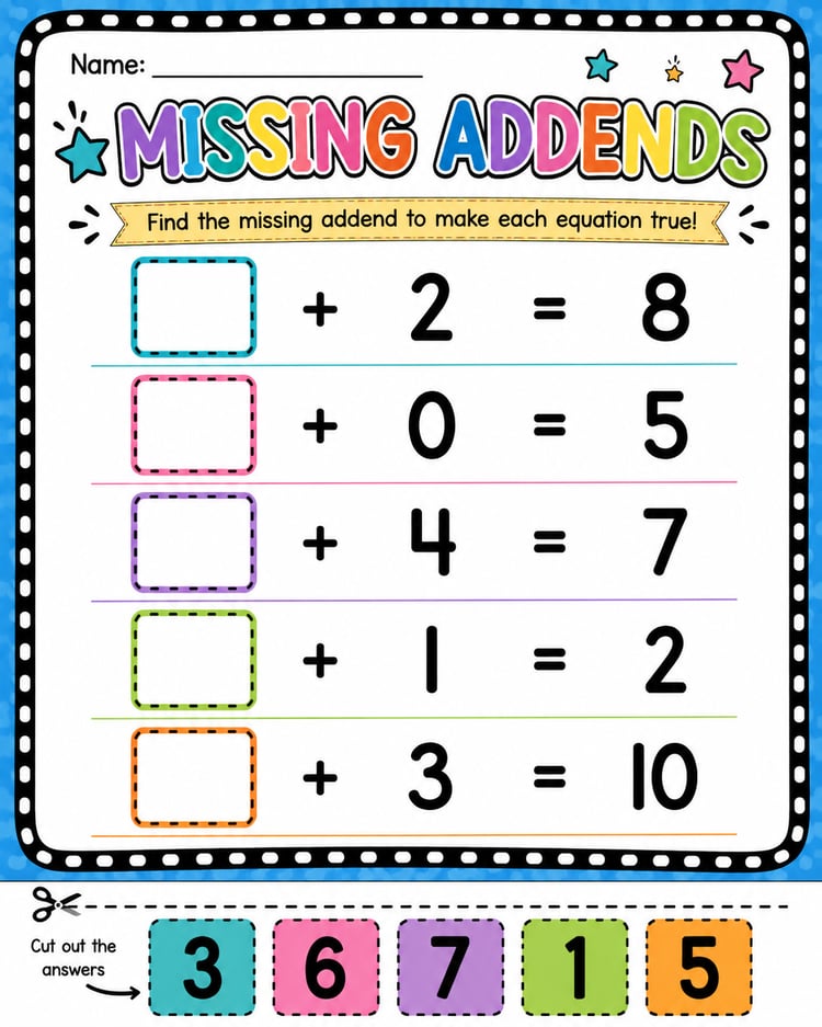 Missing Addends Worksheets | Cut, Sort & Paste Math Activities