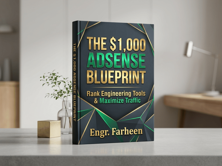 3D premium eBook mockup of The $1,000 AdSense Blueprint by Engr. Farheen standing vertically on a minimalist studio desk, showcasing a dark charcoal cover with metallic gold and emerald green typography for tool bloggers.