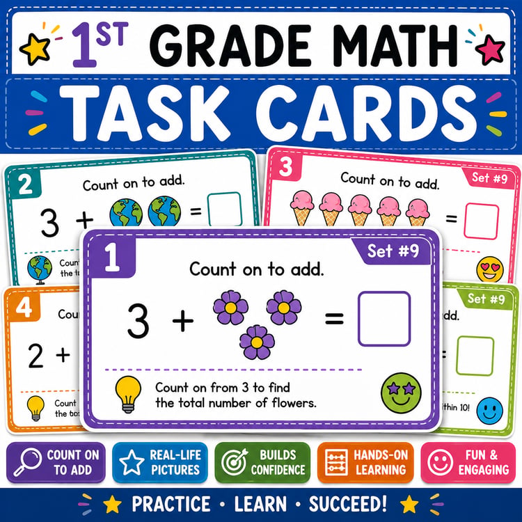 Count On Within 10 Task Cards | First Grade Math Activities Using Objects