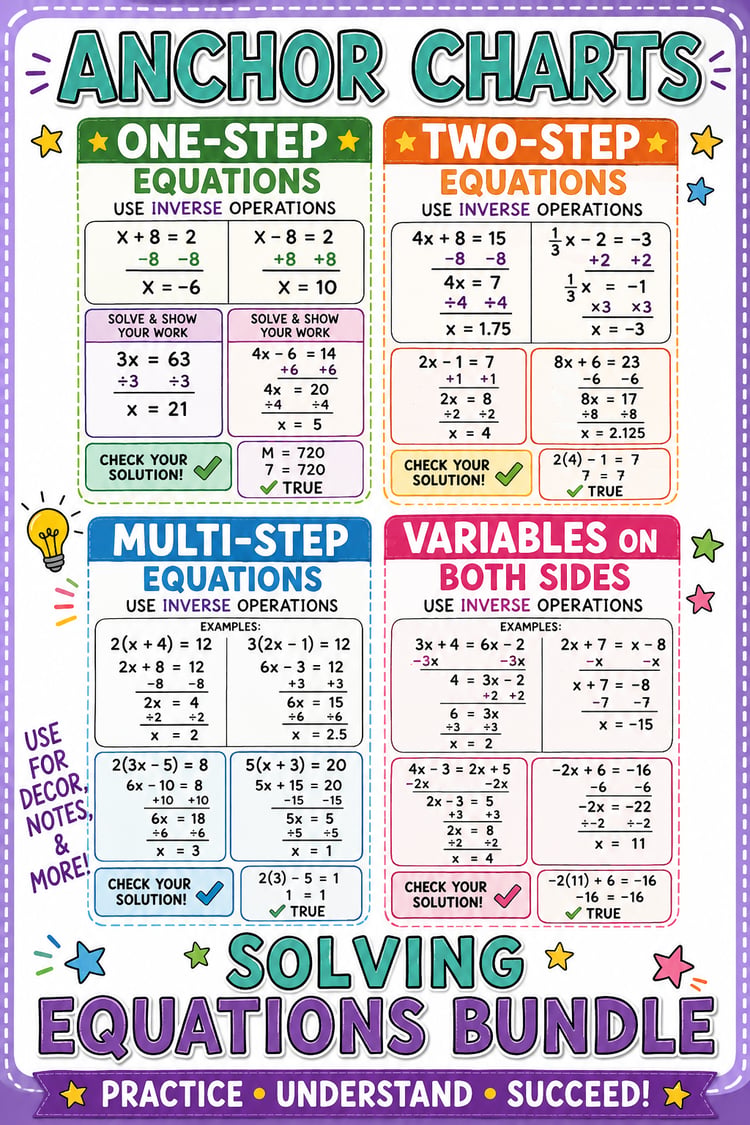 Solving Equations Anchor Charts & Posters | Retro Smiley Math Classroom Decor