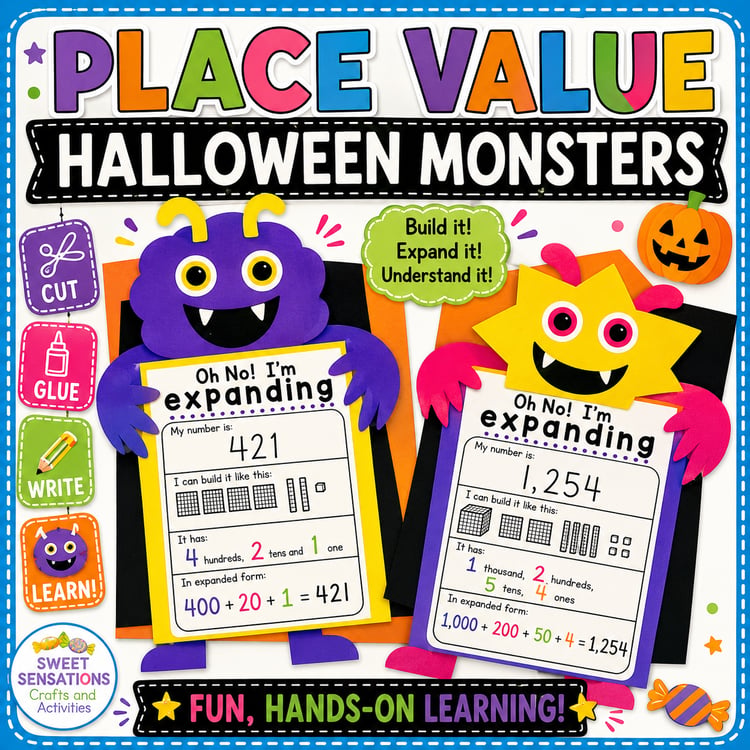 Halloween Place Value Math Craft | 3-Digit Place Value Monster Activity