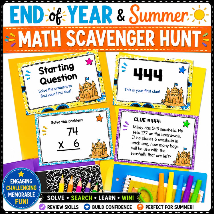 End-of-Year Summer Math Activities | Word Problems Scavenger Hunt & Test Prep