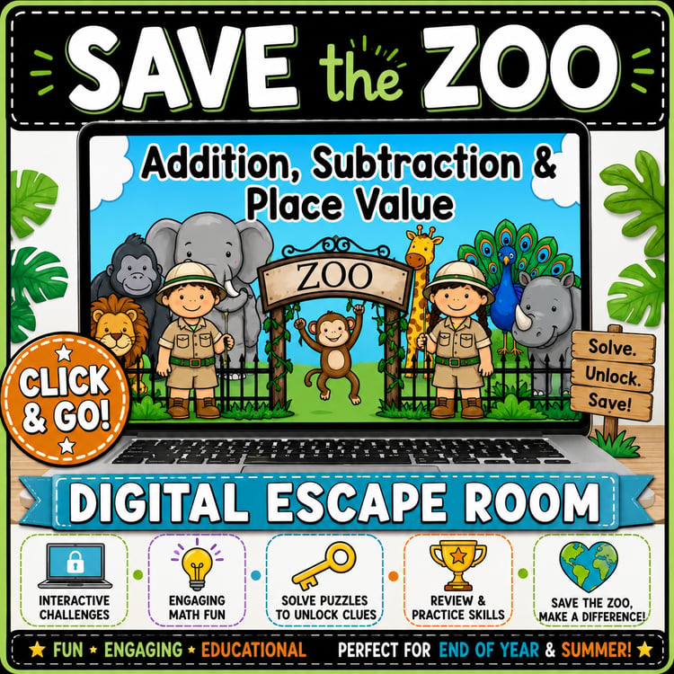 Addition & Subtraction Within 20 Place Value Game | Digital Zoo Escape Room