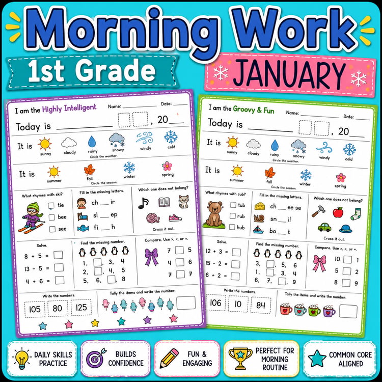 January 1st Grade Morning Work | Math & ELA Digital and PDF Activities