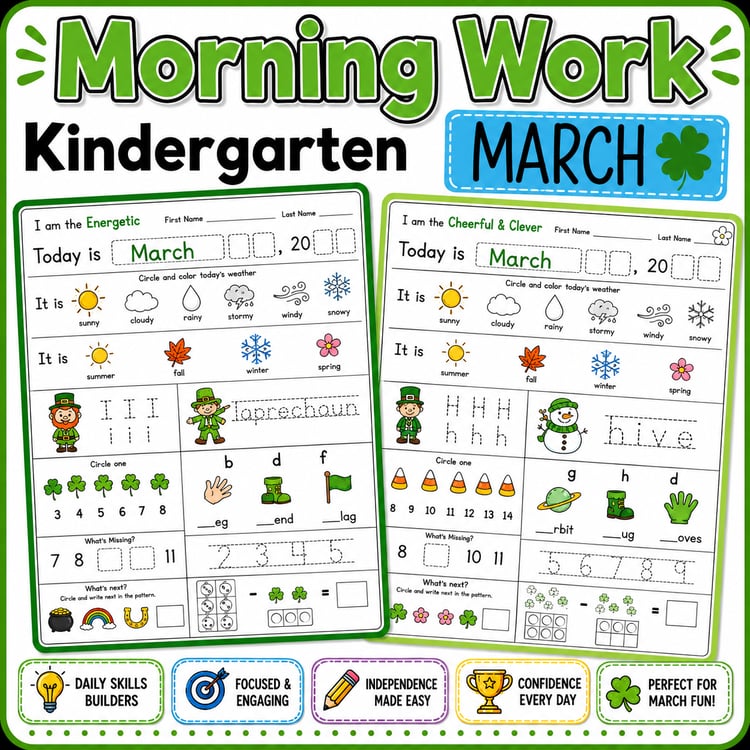 March Kindergarten Morning Work | Math & ELA PDF and Digital Acti