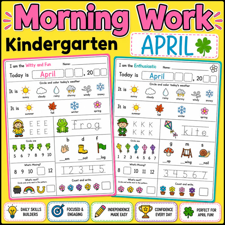April Kindergarten Morning Work Math and ELA PDF and Digital