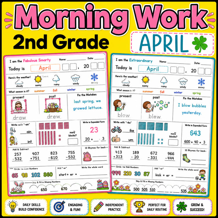 April 2nd Grade Morning Work | Math & ELA Digital and PDF Activities