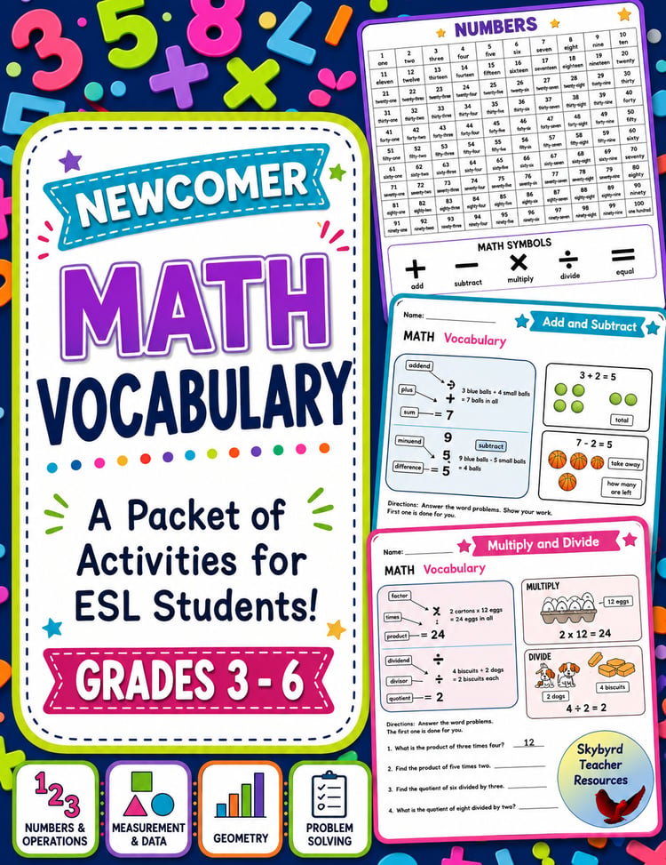 ESL Newcomers Math Worksheets & Activities | Intro to Math Vocabulary Practice