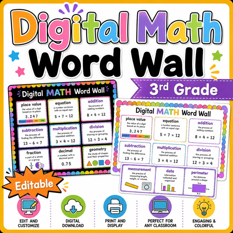 3rd Grade Digital Math Word Wall | Math Vocabulary & Classroom Display