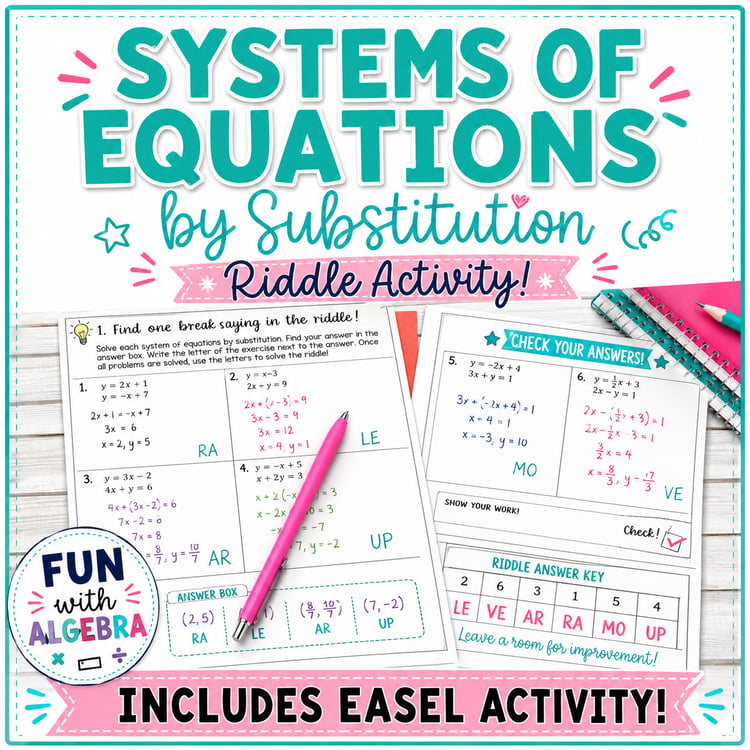Solving Systems of Equations by Substitution | Math Riddle Activity Worksheets