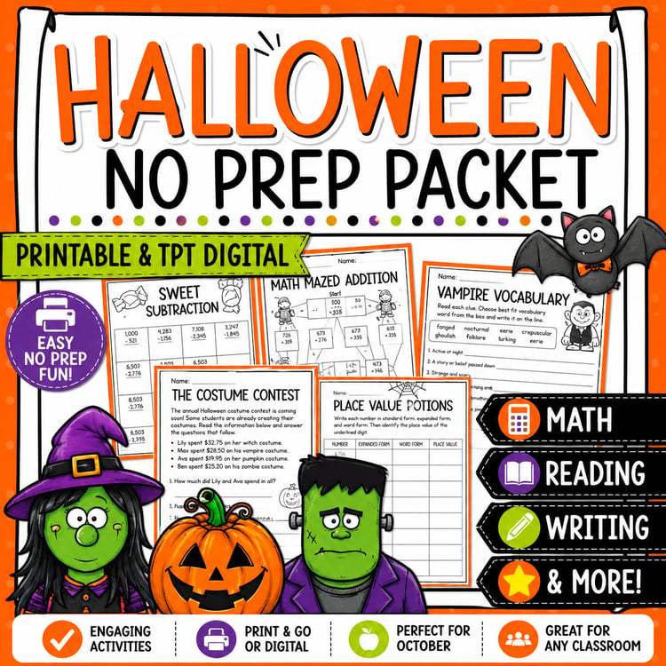 3rd Grade Halloween Math & Reading Worksheets | Halloween Activity Packet