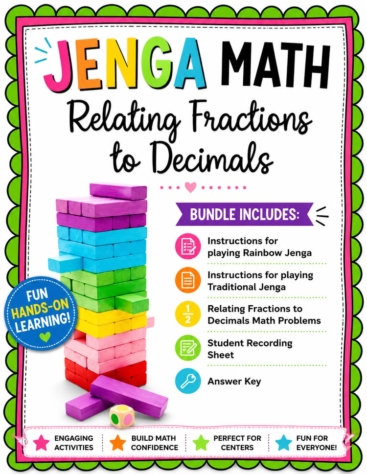 Relating Fractions to Decimals JENGA Review Game | Fraction & Decimal Math Activity