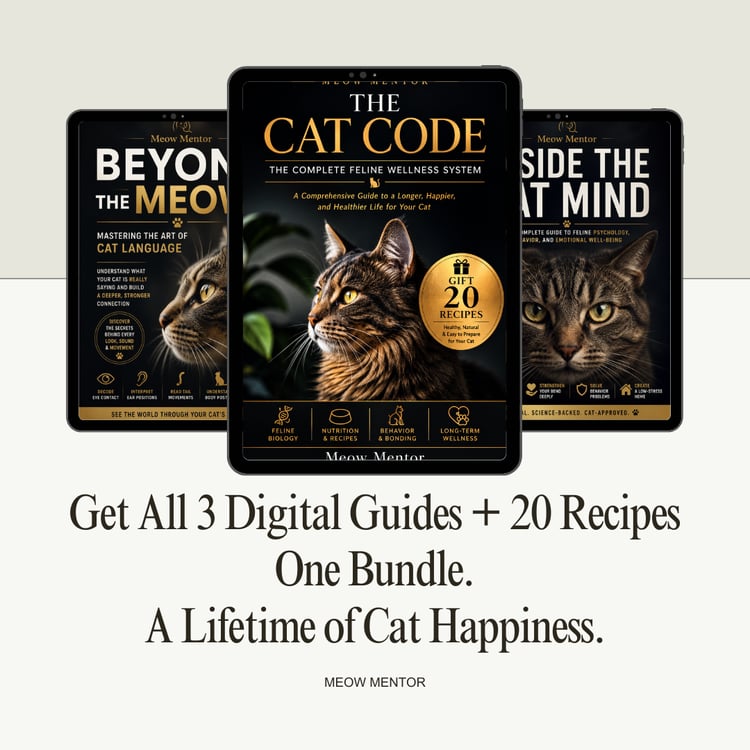 Meow Mentor complete cat care bundle – three ebook covers: The Cat Code, Beyond the Meow, Inside the Cat Mind, plus 20 recipes badge