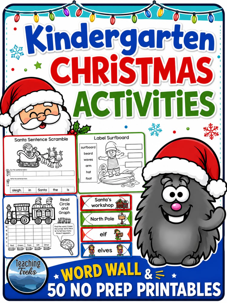 Kindergarten Christmas Math & Literacy Worksheets | Word Wall Activities