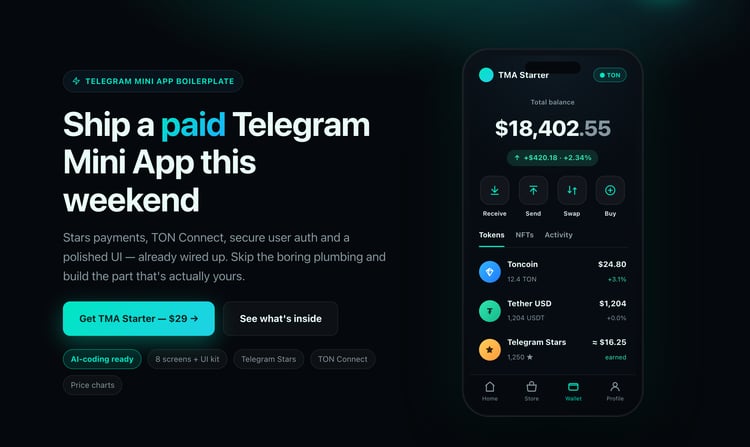 TMA Starter — Telegram Mini App boilerplate with wallet UI preview