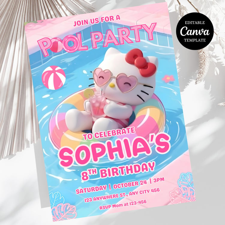 Editable Hello Kitty pool party invitation template in pink kawaii theme for summer birthday party Canva invite