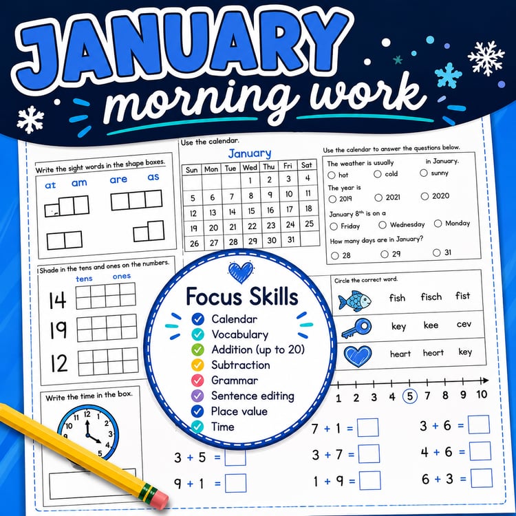 January Daily Skills Practice | Morning Work Worksheets & Review Activities