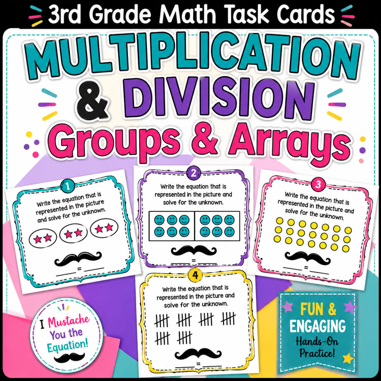 Arrays & Equal Groups Task Cards | Multiplication, Division & Fact Family Activities