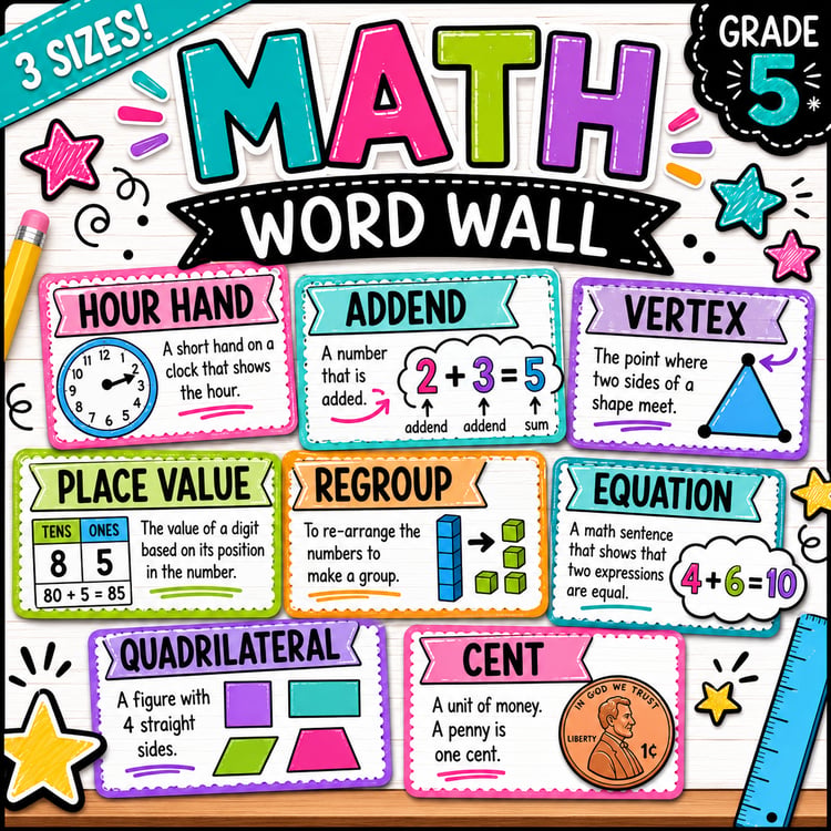 5th Grade Math Word Wall | Math Vocabulary Cards & Classroom Display