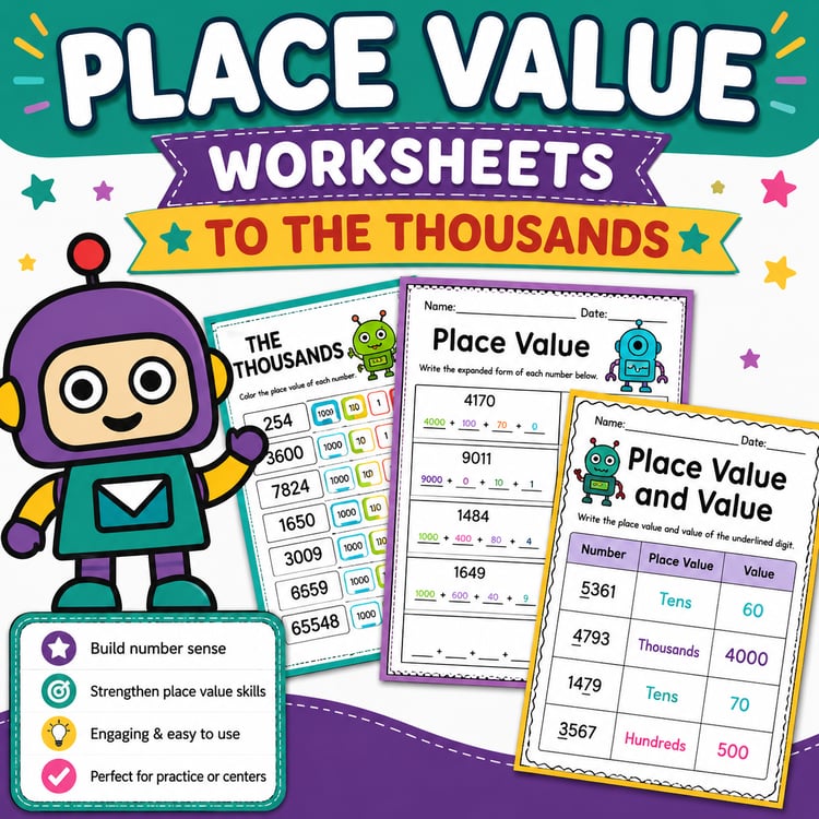 Robot-Themed Place Value Worksheets to the Thousands | Fun Math Activities