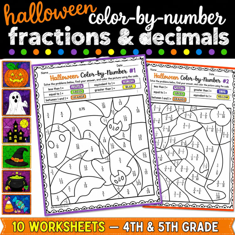 Halloween Fractions & Decimals Math Activity | Color-by-Number Worksheets
