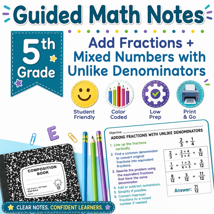 Add Fractions & Mixed Numbers with Unlike Denominators | Guided Math Notes