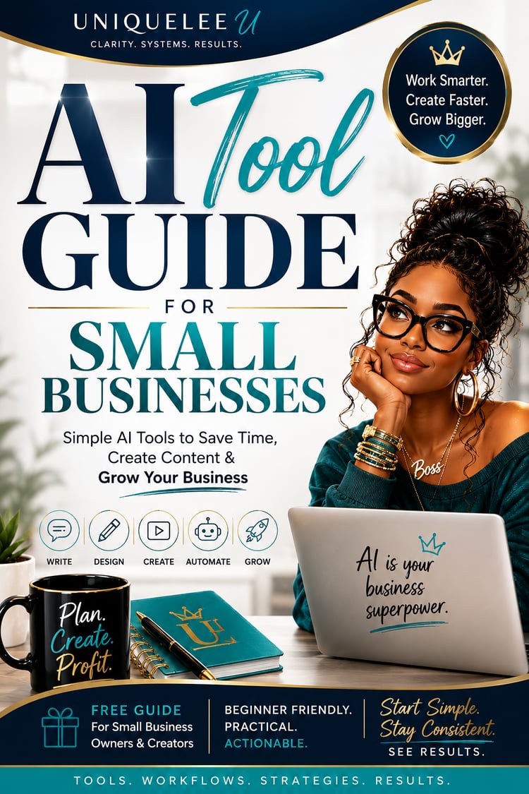 AI guide small business AI ChatGPT for business AI for entrepreneurs AI tools beginner AI AI for content creators business productivity digital products content creation social media tools AI marketing small business tools women entrepreneurs AI workflow