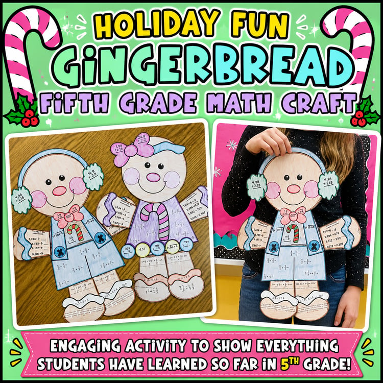 5th Grade Christmas Math Craft | Gingerbread Holiday Activity with Decimals, Fractions & Division