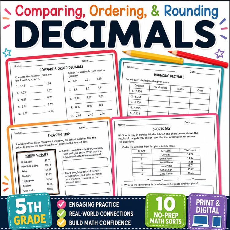 Comparing, Ordering & Rounding Decimals Worksheets | 5th Grade Math Practice