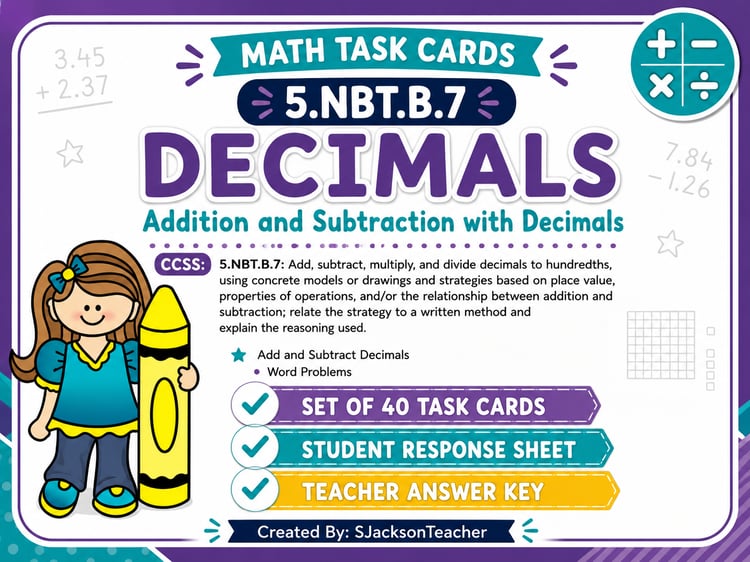 5.NBT.B.7 Math Task Cards | Adding & Subtracting Decimals Activities