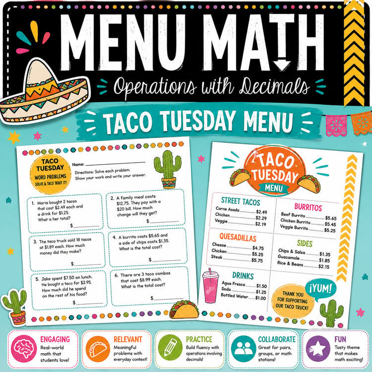 Menu Math Practice | Adding, Subtracting & Multiplying Decimals Activity
