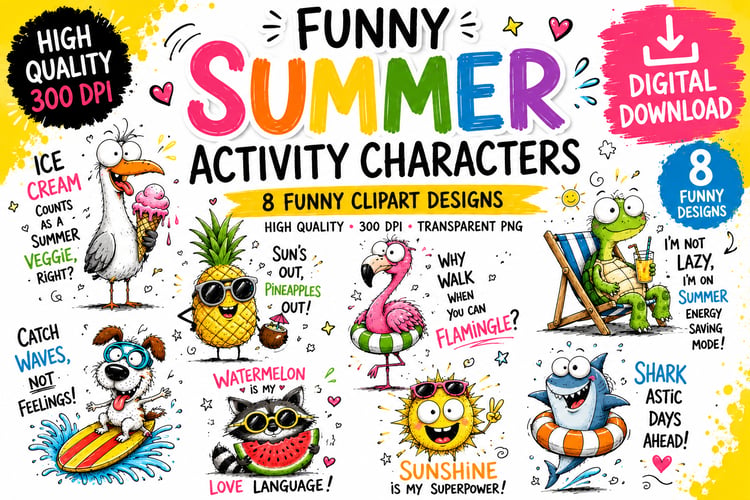 Funny summer activities clipart 8 bundle , ready to print