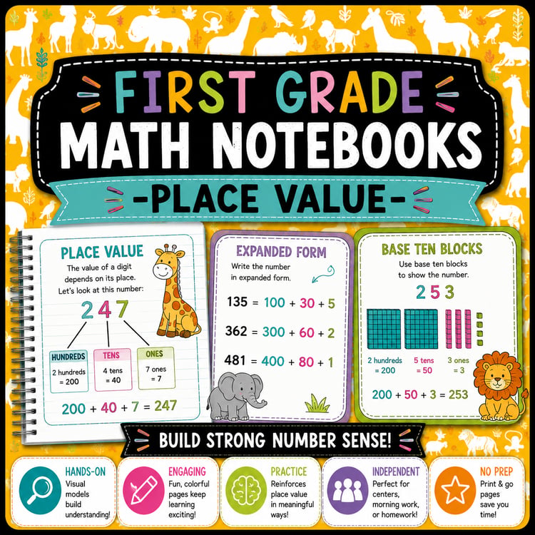 First Grade Math Notebooks | Place Value Interactive Activities & Notes